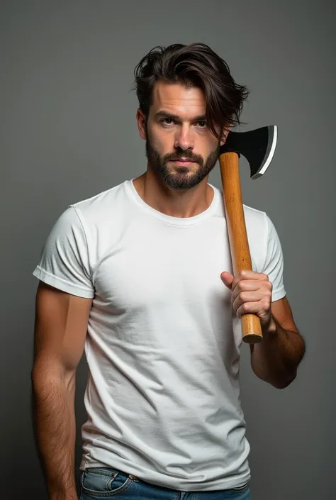 Realistic photo of a handsome man with masculine features of 30 years old, big brown eyes, Short beard, dark hair a little below his ears long and covering part of his face, unkempt appearance, jeans and white t-shirt , He carried a lumberjack-type axe in ...