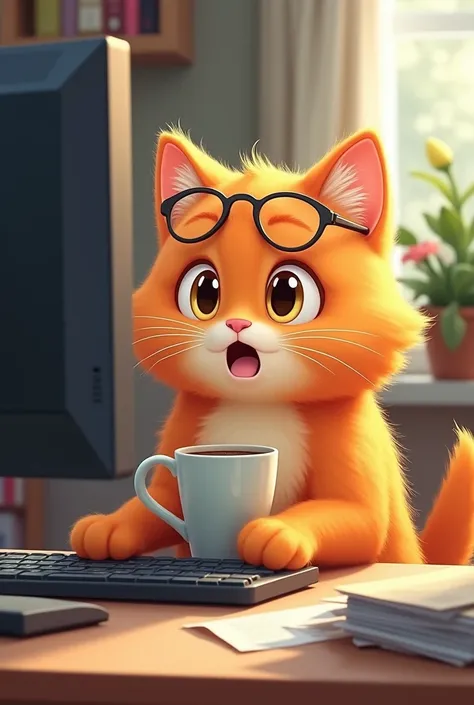 Orange Persian cat working on computer and drinking coffee surprised at what he sees . Sweet face like kawaii