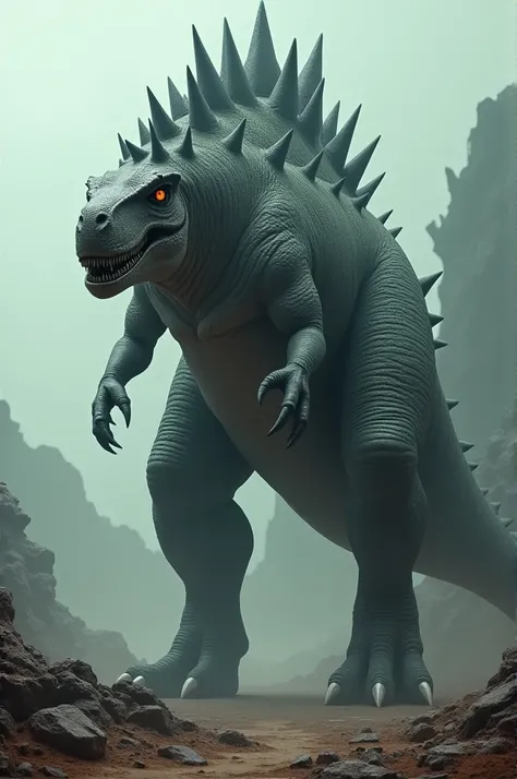 A three-eyed t rex hybrid, big spines on the back and spines on the back