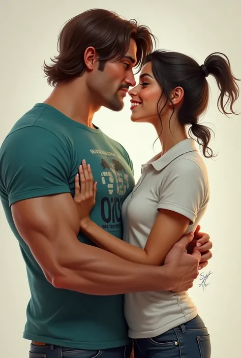 Photo-Realistic. A 6 foot 2, muscular, handsome, jock with medium length brown hair, wearing a teal, graphic t-shirt, and jeans, his arm around an 5 foot 9, skinny, youthful indian boy with a short mullet wearing a white polo short, leaning into each other...