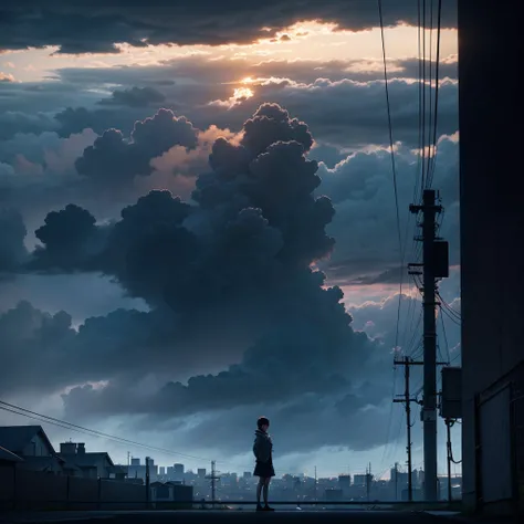 silhouette, short hair, wearing skirt and jacket, standing, gaze into distance, cloudy sky, dramatic sunset, urban skyline, utility pole, fence, outdoor, twilight, natural lighting, light from horizon, soft shadows, moody atmosphere, side view, deep depth ...