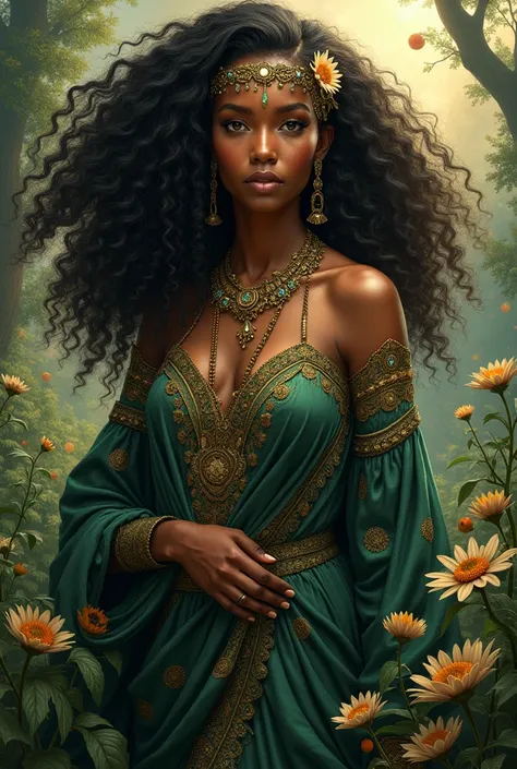 A goddess of the earth, Earth Goddess, black and with curly hair 
