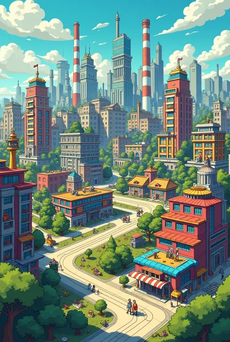 citys(divided into industrial area, residential area with buildings, airport and research institute in colorful cartoon style 