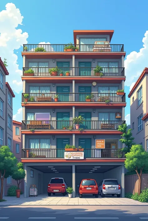 A 3-story hostel ,  It has 12 rooms on the second floor and 10 rooms on the third floor. ,On the first floor there is a garage for 10 vehicles , All vehicles are on the first floor 