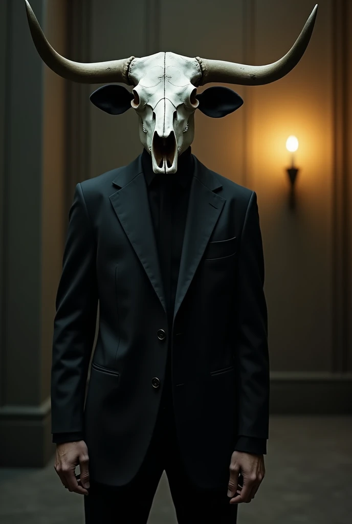 A man with a bull&#39;s skull instead of a head, with black suit, in a dark room with a dim yellow spotlight in the background, the photo is taken from very far away, allowing his entire body to be clearly seen.