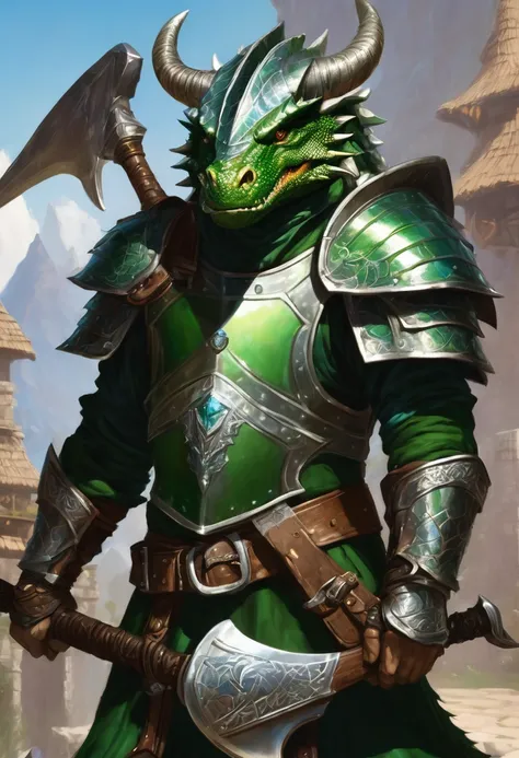 Great Dragonborn Divine Warrior, silver steel scales with green tones, crystal glass, wearing full armor and wielding a living axe in his left hand and using a large shield in his right, sorriso orgulhoso, . 