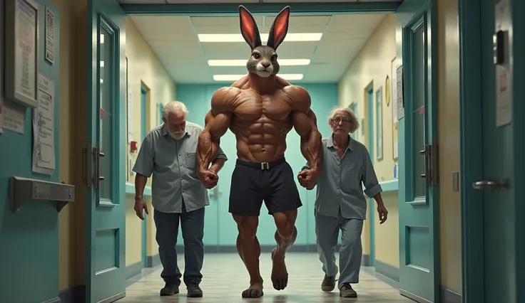 Rocky Rabbit with a six-pack body and bodybuilding and tall behind a wheelchair Rocky Rabbit takes the female, old and sick to the entrance of the hospital, Rocky Rabbits are Rocky Rabbit in their true form.