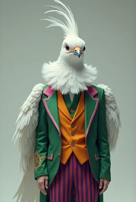 realistic white dove dressed in joker outfit

