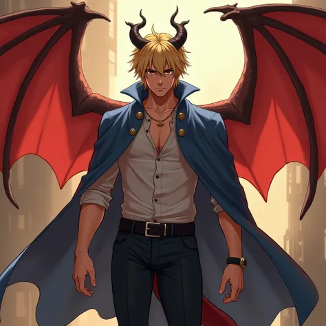 (Adult man:1.3), (solo), (short blond hair:1.2), (brown eyes:1.1), (blue cape:1.3), (slim body:1.1), (black dragon horns:1.3), (red dragon wings, tail:1.25), (black trousers:1.2), (serious look:1.1), (detailed:1.1), (warm light and shadows:1.1), (warm colo...