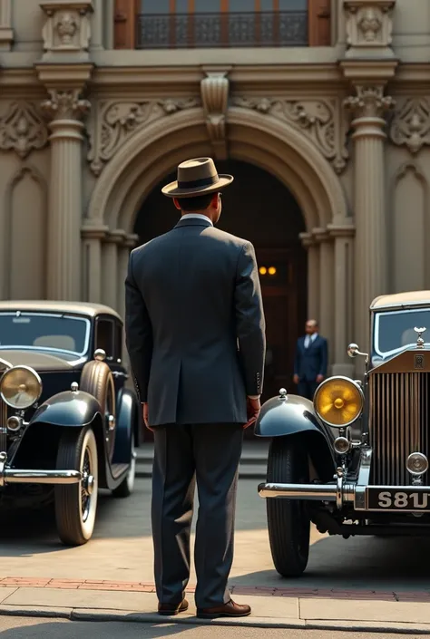 An india man in  civil dress standing infront a old rolls royce showroom and looking at the cars
 in the 18th century and a security guard obstructing him from entering the showroom