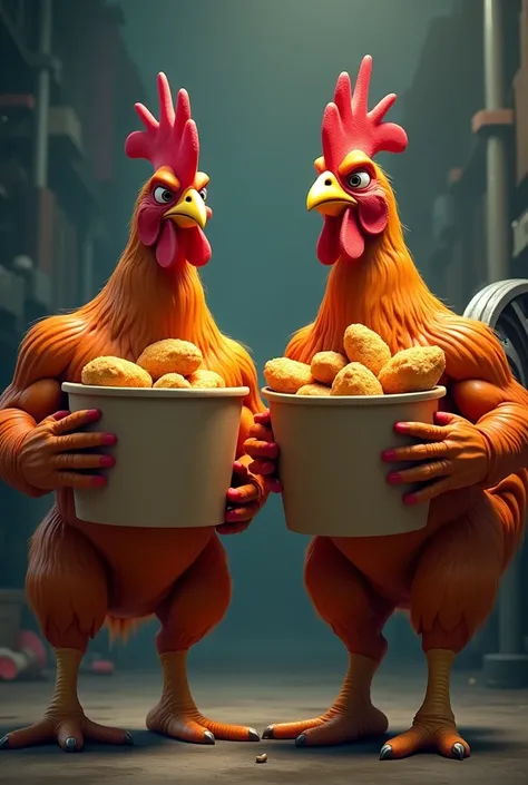 A cartoon-style image of two strong chickens holding cardboard buckets containing fried chicken under their arms, with a serious facial expression, (best quality,4k,8k,highres,masterpiece:1.2),ultra-detailed,(realistic,photorealistic,photo-realistic:1.37),...