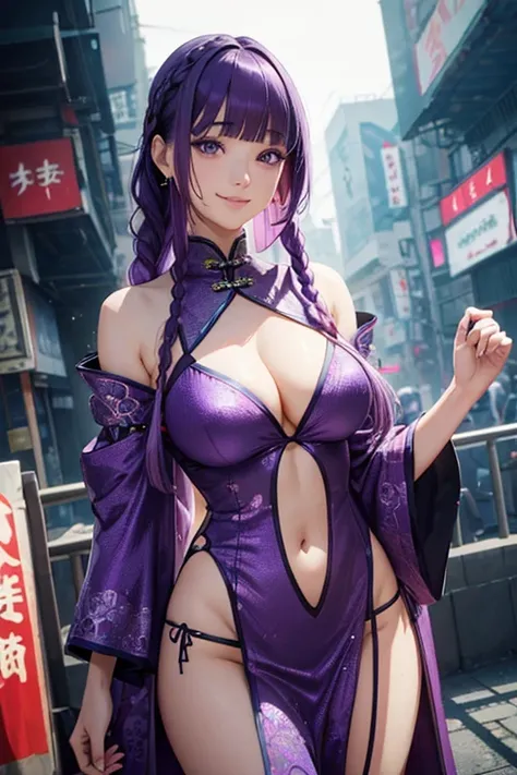 1 person, Blunt bangs, Braiding, Wide sleeves, hair ornaments,Obi says, (Purple Hair:1.2), Very long hair, Straight hair, Looking at the audience, Highly detailed background, (Realistic:1.2), Beautiful Eyes, Red eyeshadow, thigh, (Urzan-6500:0.7), Upper Bo...