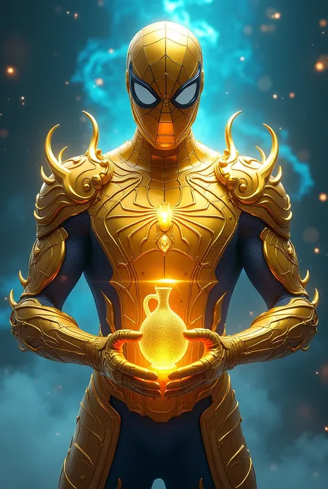 Spider-Man wears a dazzling golden armor inspired by the Aquarius Gold Armor from the Knights of the Zodiac. The armor shines with an aquatic hue, with fluid and curvilinear details that refer to waves and water. In the center of his chest, instead of the ...