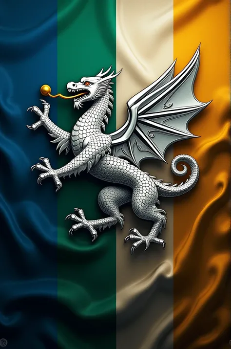 A flag that is a tricolor of blue, green, gold with a central emblem of a silver dragon.