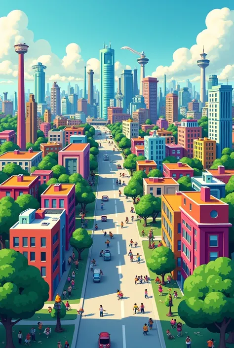 citys(divided into industrial area, residential area with buildings, airport and research institute in colorful cartoon style with separate and organized areas