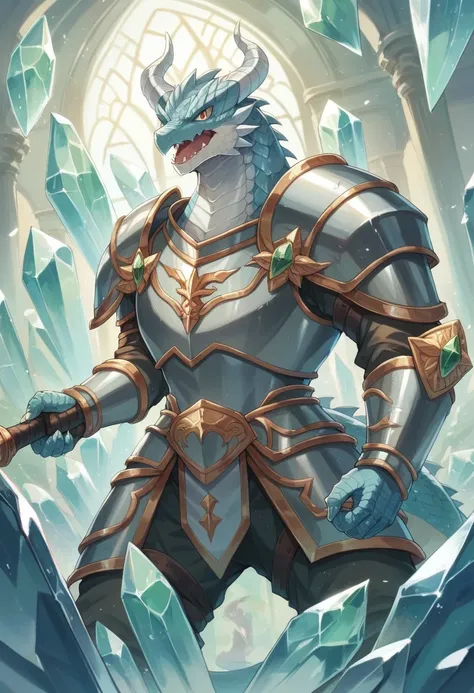 Great Dragonborn Divine Warrior, silver steel scales with green tones, crystal glass, wearing full armor and wielding a living axe in his left hand and using a large shield in his right, sorriso orgulhoso, . 