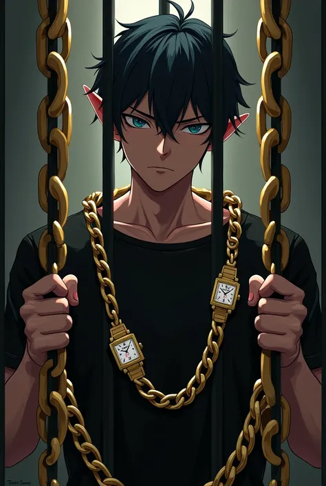 create me a character behind prison bars that is a demon has golden chains that says philie and three square watches with vvs diamonds and is male and a strong masculine teenager with a black shirt and with small ears THAT PUT PHILIE ON THE CHAIN THAT PUT ...