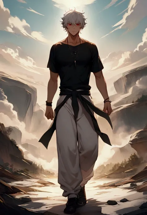 A man with messy white hair standing up and red eyes, one side of the eye is blind, He wears a black thermal shirt and loose white track pants with a belt around the waist., and black martial arts shoes, he has a bracelet and a necklace, He has a large phy...