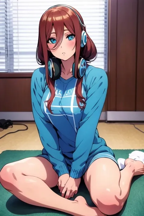 pretty girl (Miku Nakano) blue-eyed with loose hair and headphones, sitting on the floor with my feet tucked up looking straight ahead, with the background without details and a white color 