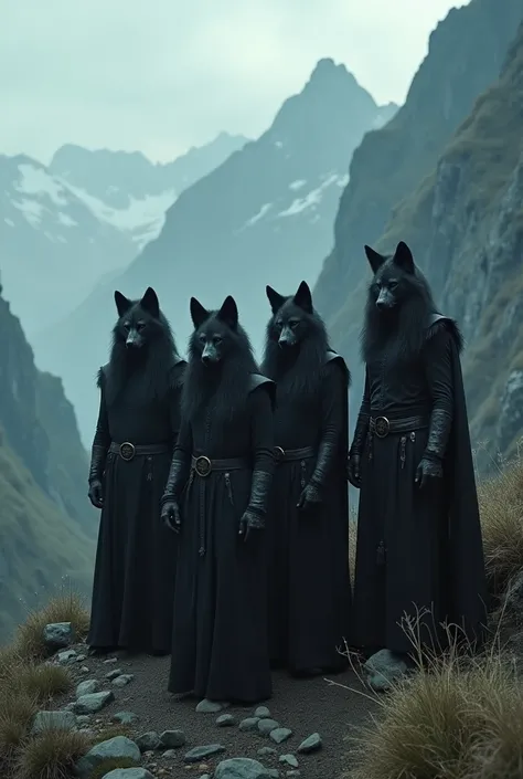 a rock band, men and women with wolf masks, in mountains, dark, Gothic,