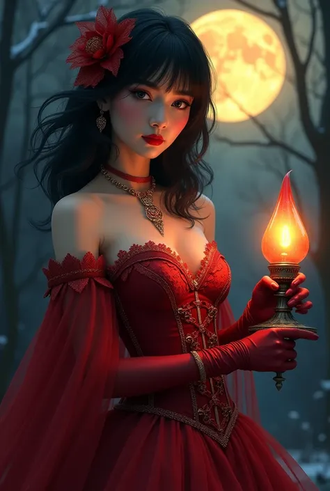 woman black hair shoulder length straight long hair is wearing what appears to be a red dress with details on the skirt red cape red corset and silk glove mystical night scene golden full moon realistic image Sintaliga wears beautiful red face realistic cl...