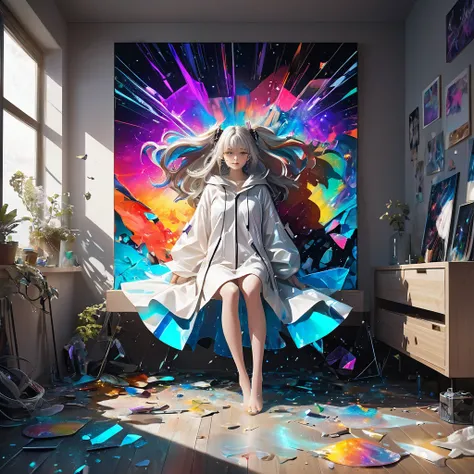 fusion of acrylic and collage paintings, high and fine artwork, neon-colored cosmic ray-riding 1 female god of destruction, shattering the space around him like broken iridescent glass, ivory wavy two side up hair, wearing hooded robe, shadows, contrast, c...