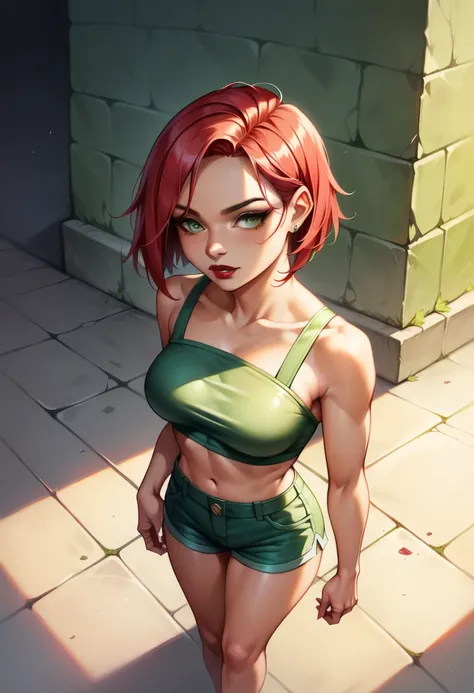 (high-level image quality), (high quality), (high resolution), (detailed), (masterpiece), beautiful young woman, ((caucasian)), green eyes, red hair, short hair, dark red lipstick, viper from valorant hairstyle, small shorts, cropped top, from above