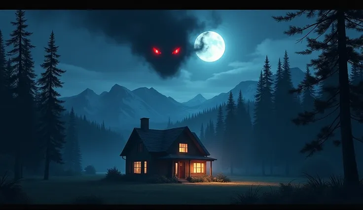 Draw a beautiful country house surrounded by trees, located in a night landscape under a dark sky. In the sky, among the clouds, the figure of a devil can be seen with bright red eyes like burning embers, observing the house from above with a menacing gaze...