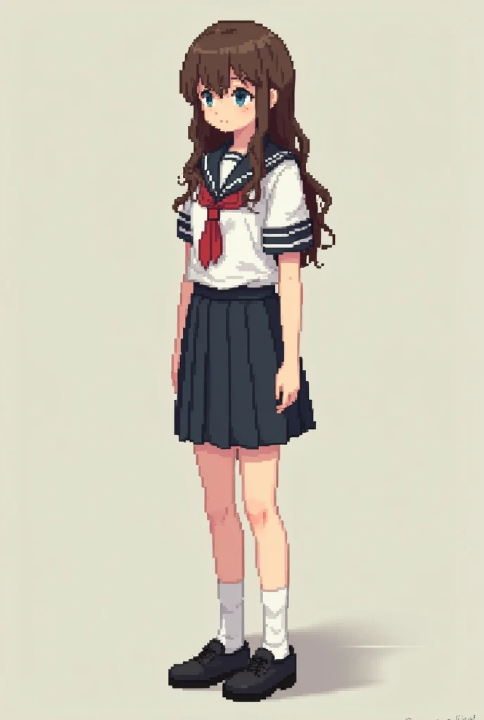 draw a full body of an 1 brunette introverted thesis schoolgirl in pixel art style