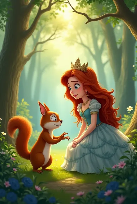 A worried squirrel telling something to an adult redhead princess