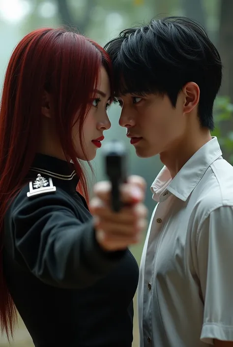 (photorealism:1.2), beautiful woman, straight long dark red hair black and silver military uniform facing camera pointing a gun at a handsome young man with shoulder length black hair and blue eyes wearing a white shirt 