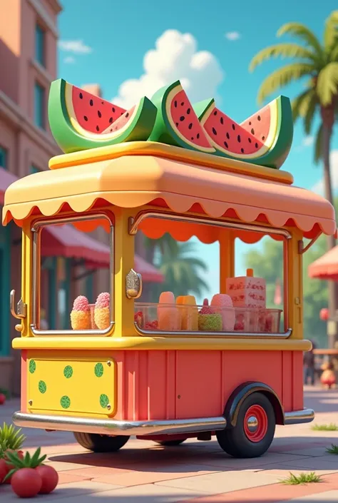 popsicle cart in yellow and red with watermelon detail