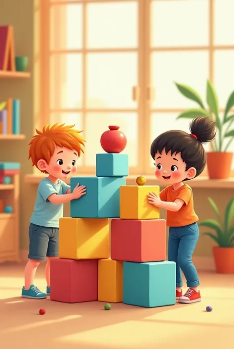 Simple drawing of children playing with blocks that fit into geometric shapes