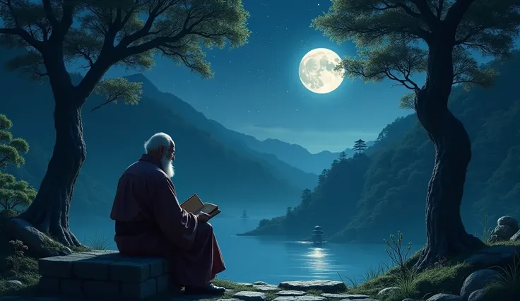 The wise man has his back turned, sitting on a stone bench in a Japanese garden lit by soft moonlight. The trees around you create long shadows, as he calmly watches the night sky, full of stars. He holds an ancient closed book in one hand, as if reflectin...