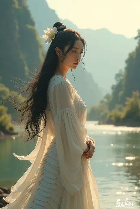 young beautiful Hmong woman with half-human and half-dragon, standing gracefully near a mountain river. Her upper body is that of a beautiful Hmong woman with long black hair, enchanting eyes, have a white flower in the ear. She is wearing white dress, Hmo...