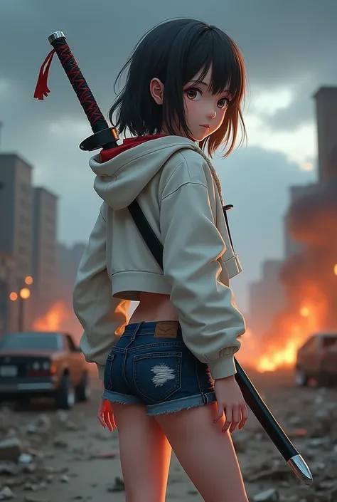 cute child girl, wearing short cotton white jacket with hood, BREAK, dark blue denim torn shorts, wedgie, wedgie, ((battle stance)), prepare a KATANA on back, from behind, broken city, explosions, burning cars, dark lighting, cloudy sky, looking back, cowb...