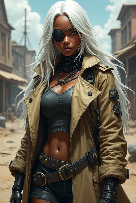 You would like a black woman with white hair, wearing an eye patch over one eye. She has metallic parts and wires running through her body and clothing. She wears a gray trench coat with the number 6 on it, pants. You want her design to be in a mature styl...