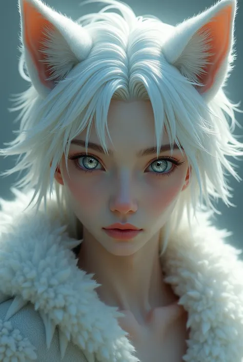 A young man of 20 years, white hair with wolf ears and silver eyes 