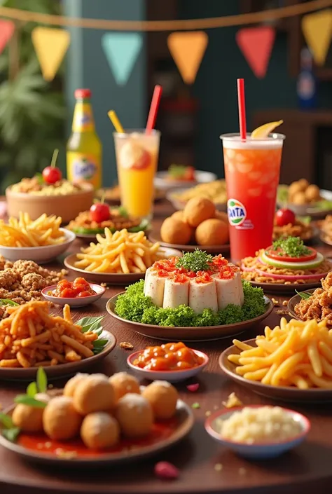 a table of food with, poke, fried pork balls, hamburger, Chips, fanta guarana, a young party banquet