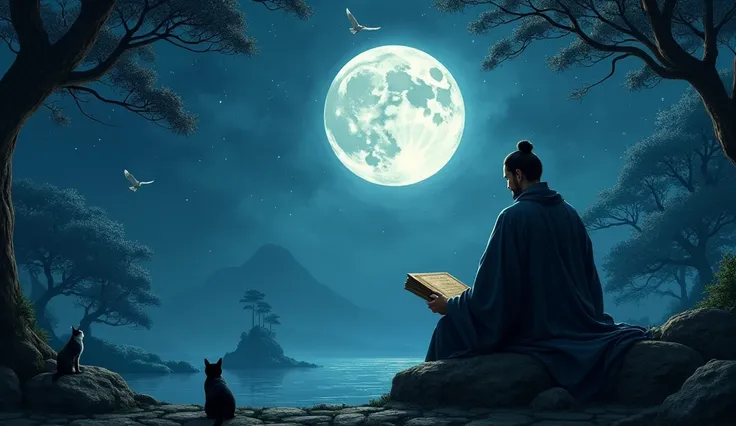 The wise man has his back turned, sitting on a stone bench in a Japanese garden lit by the soft light of the moon on the side there is a cat and birds flying. The trees around you create long shadows, as he calmly watches the night sky, full of stars. He h...