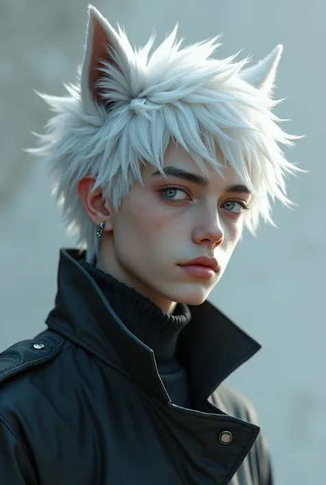 A young man of 20 years old, white hair with wolf ears and silver eyes 