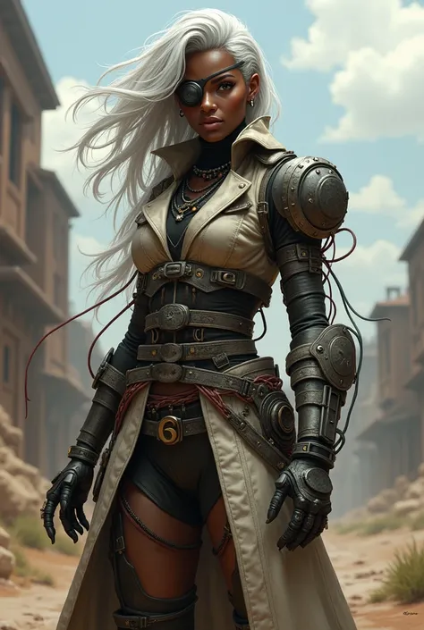 You would like a black woman with white hair, wearing an eye patch over one eye. She has metallic parts and wires running through her body and clothing. She wears a gray trench coat with the number 6 on it, pants. You want her design to be in a mature styl...