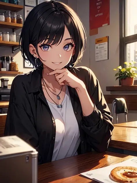 Coffee shop,A beautiful woman is sitting with her elbows on the desk,Upper Body,Sharp Eyes,Watching the viewer,Creepy Smile,Earrings,necklace,Cropped T-shirt,Jacket,Short black hair,