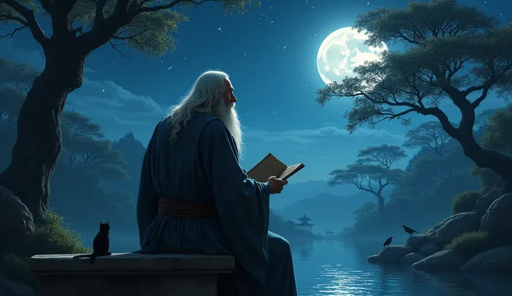 The wise man is standing with his back to the camera with a white beard and hair, sitting on a stone bench in a Japanese garden lit by the soft light of the moon on the side there is a cat and birds flying. The trees around you create long shadows, as he c...