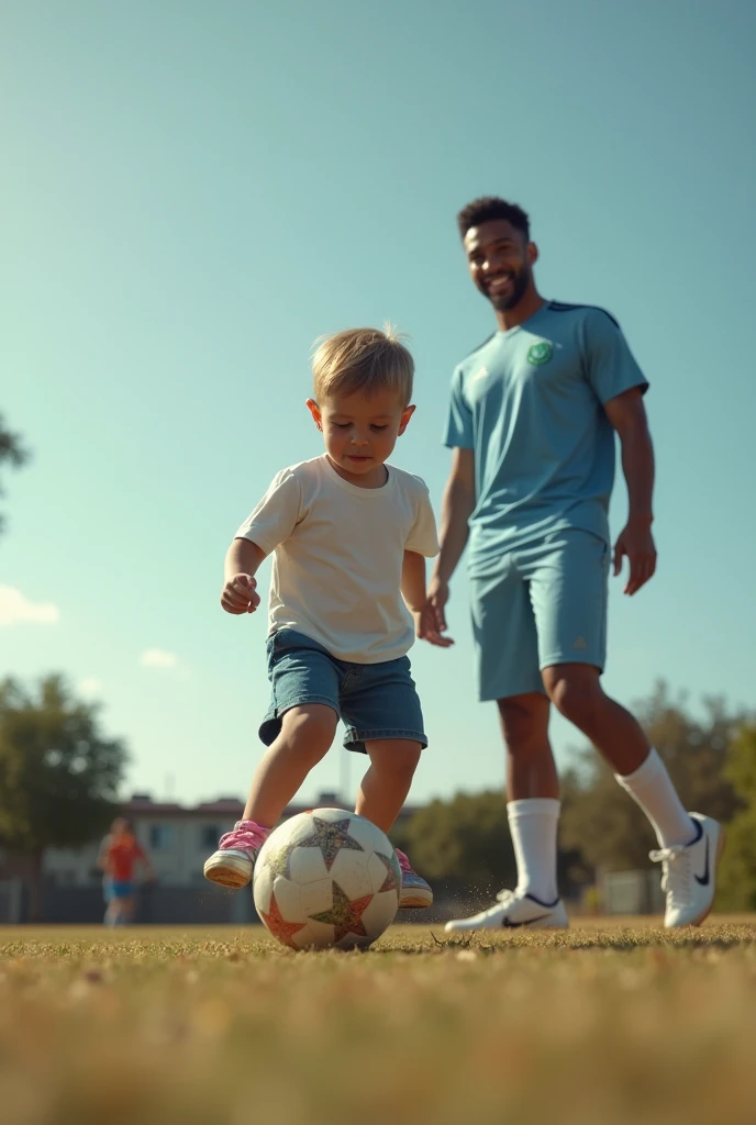 From the child&#39;s perspective, A pair of designer sneakers appear in your field of vision. The camera slowly moves up to reveal a professional footballer smiling as he watches the boy&#39;s tricks..