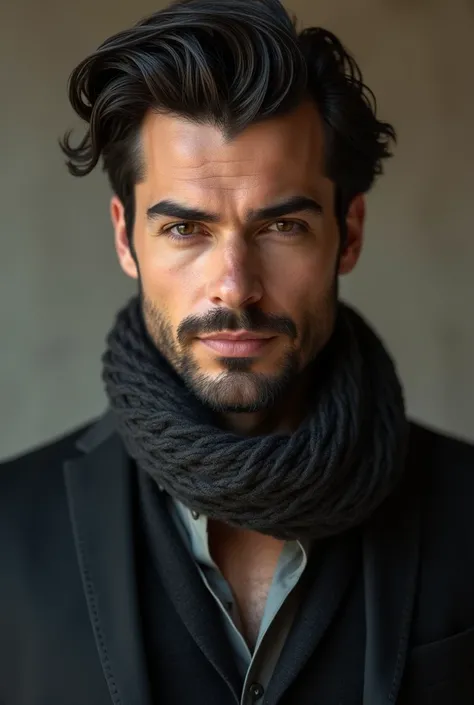 Elegant man, blackquality hair, formal clothing and scarf around the neck, casual style, bonitas, extremely attractive man, libero, favourable, independent