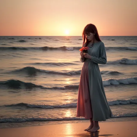 An emotional illustration for poetry "Between Love and Longing". The scene shows a lonely person on the edge of a vast ocean at dusk., gazing at the horizon. The sky is dyed with shades of orange and pink, and a light breeze moves your hair and clothes, cr...