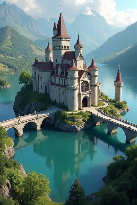 Make a castle with 4 bridges by making a "+" in the middle of a giant lake in a valley 