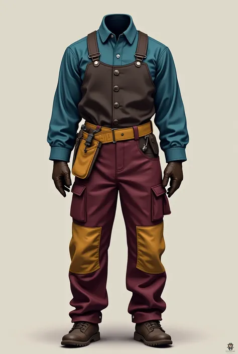 coverall: Petrol Blue Vest: Dark brown
Pantalón: Burgundy Waistband: Mustard Yellow Gloves: Dark brown