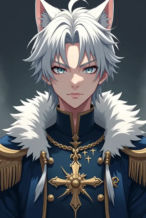 A young 20-year-old man with white hair with wolf ears and silver eyes wearing a captain&#39;s robe of a knight order, anime version 